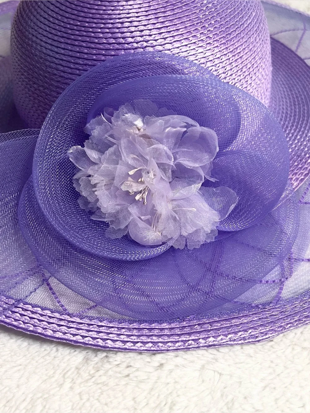 Vintage Lord & Taylor Lavender Purple Wide Brim Floral Fascinator Derby Hat